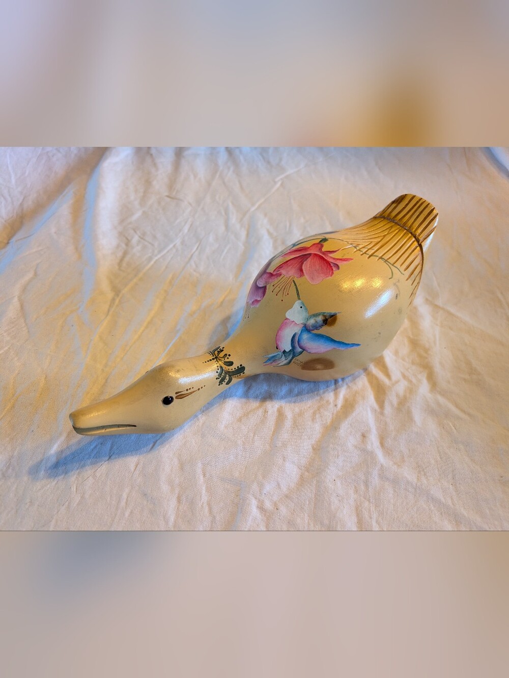 2/60$ Hand-Painted Cream Wooden duck Figurine with Floral & Hummingbird Motif